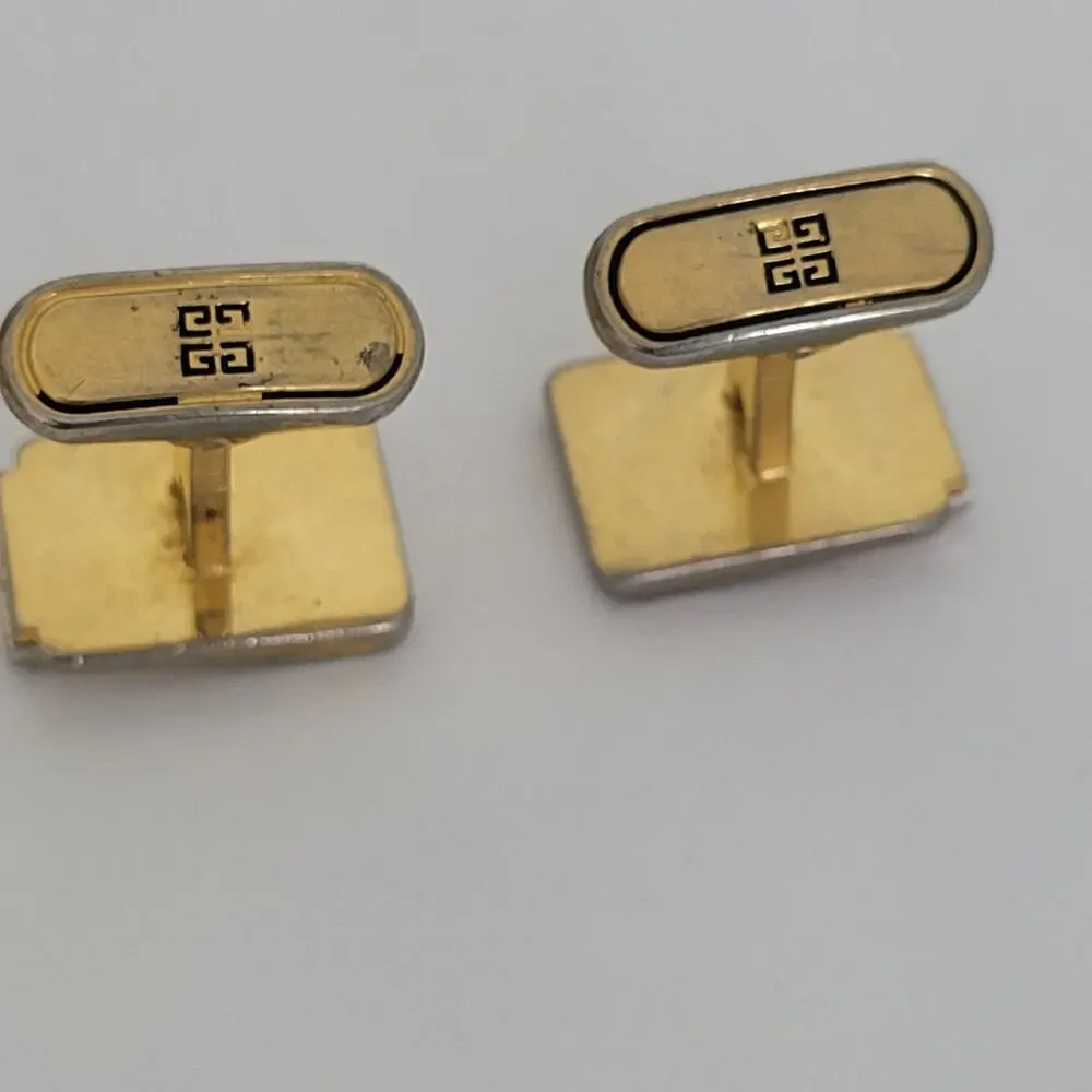 Givenchy Cufflinks Set Rectangle Gold Silver Tone Logo Vintage Designer Fair‎